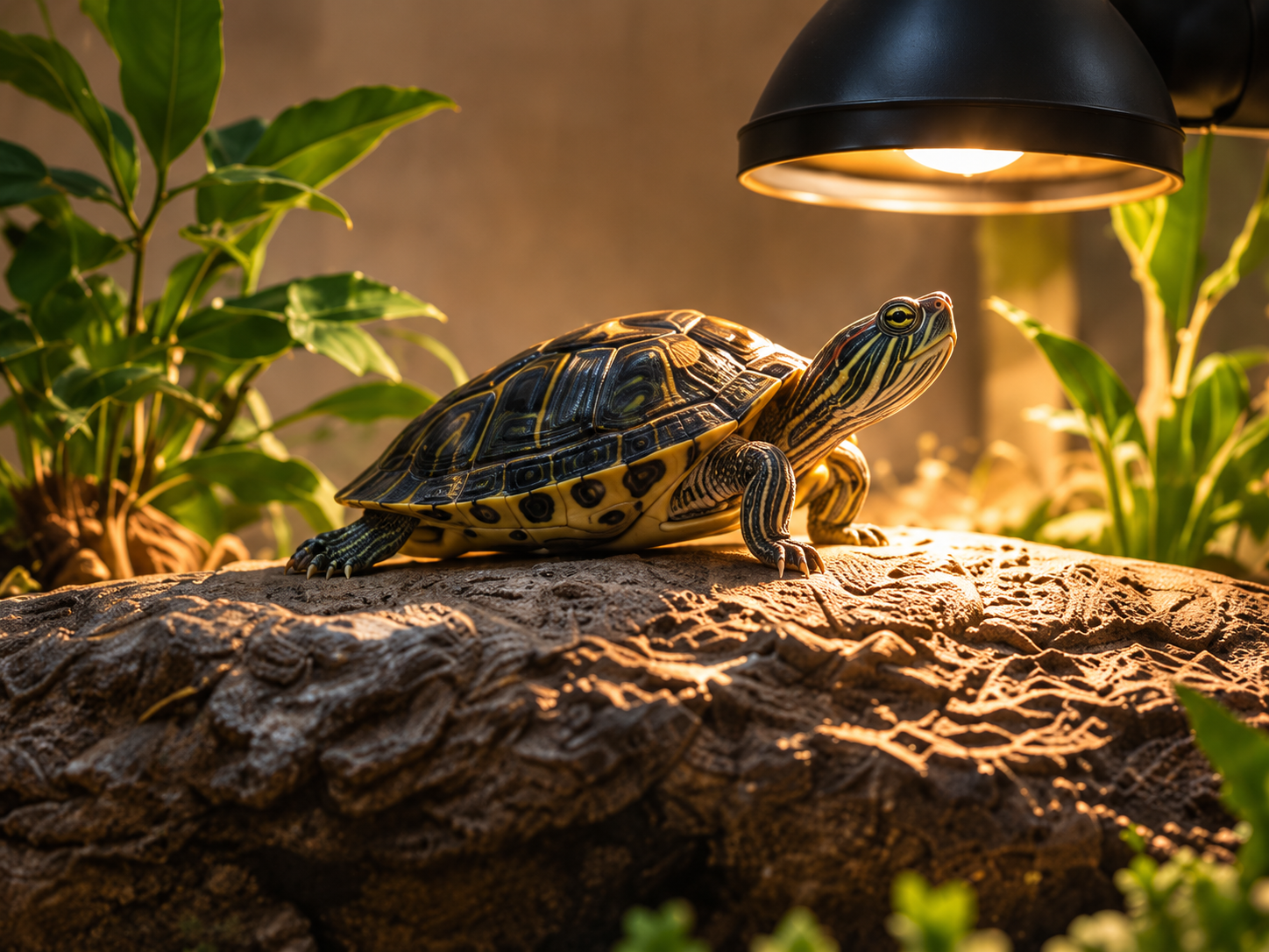 A turtle resting on a dry rock beneath its basking lamp