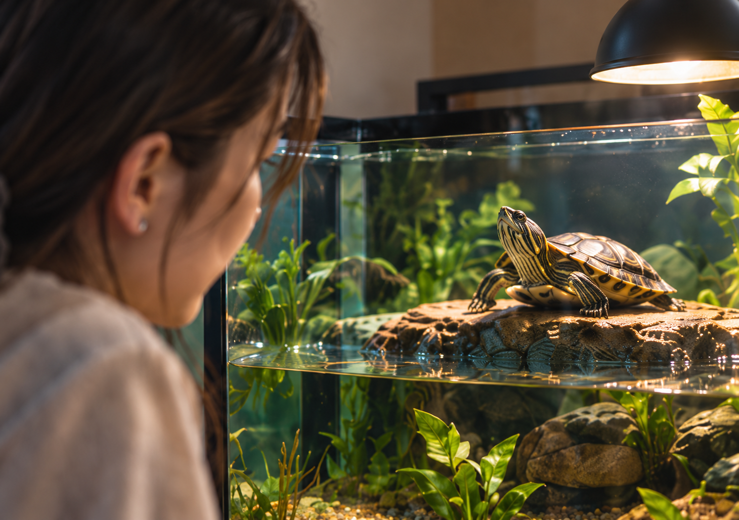 A turtle keeper watching her turtle bask in its planted habitat