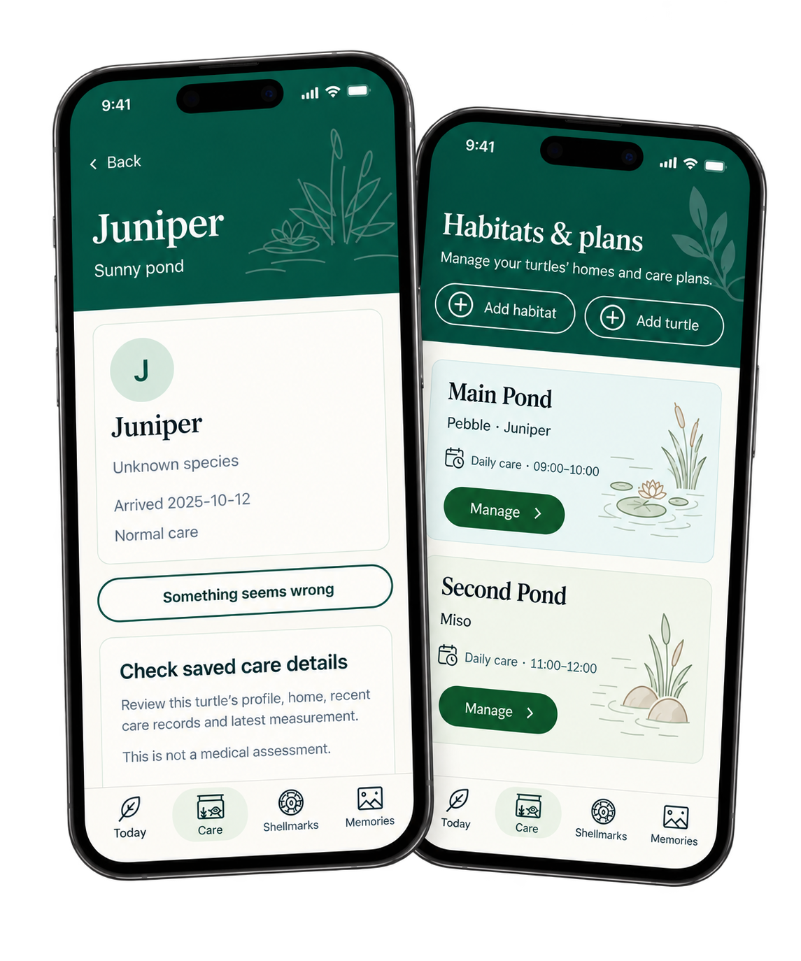 Turtle Go turtle profile and Habitats & plans screens